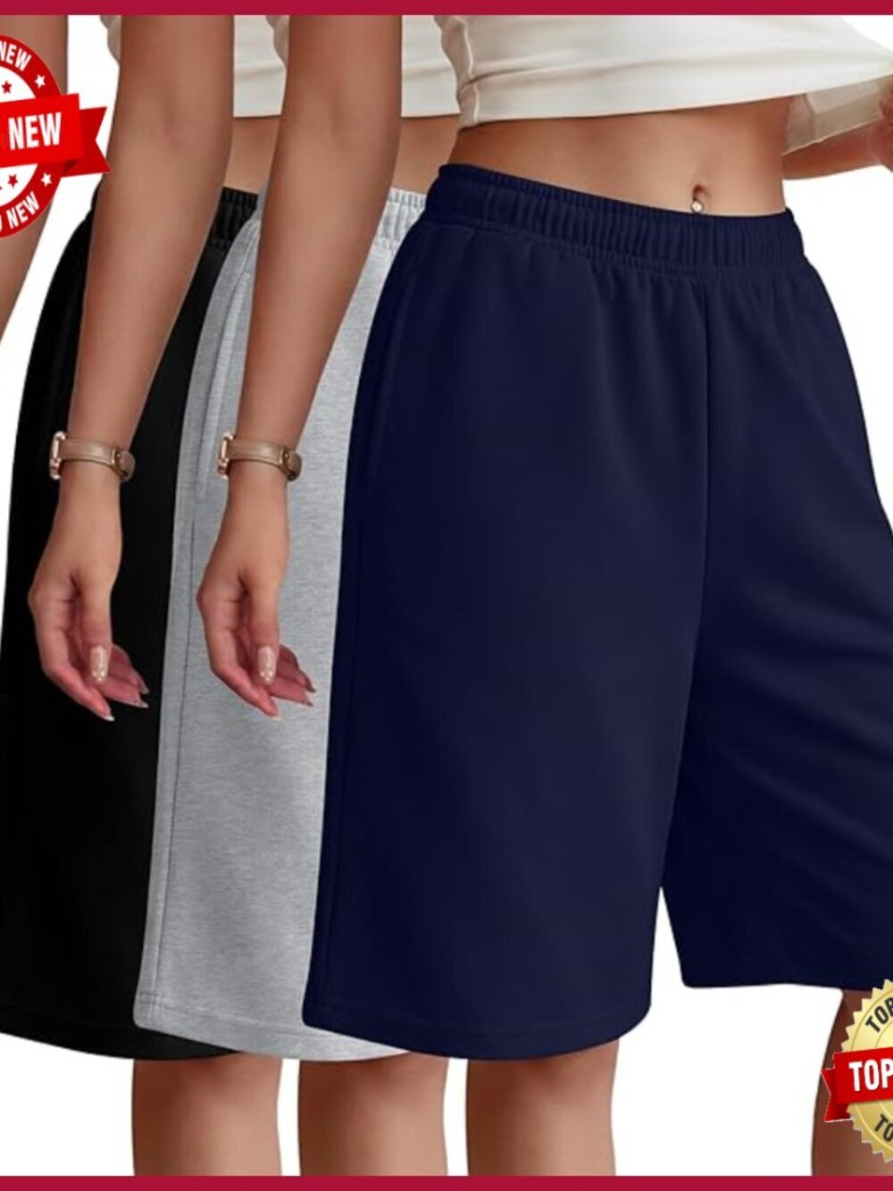 3pk Women's Bermuda Shorts Elastic Drawstring Knee Length Athletic Baggy